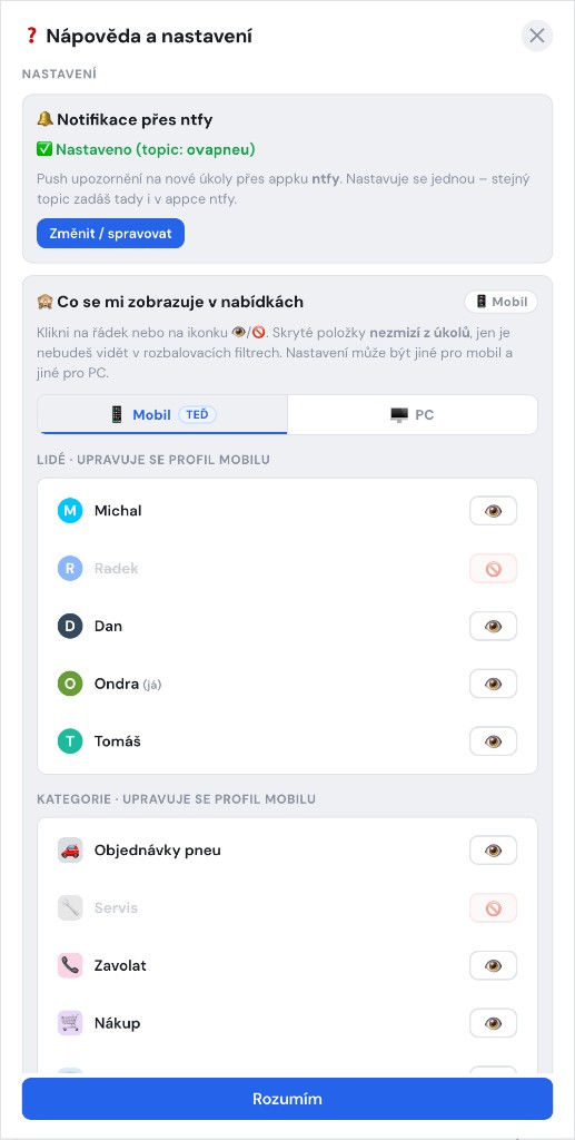 Nastavení viditelnosti a notifikací na mobilu